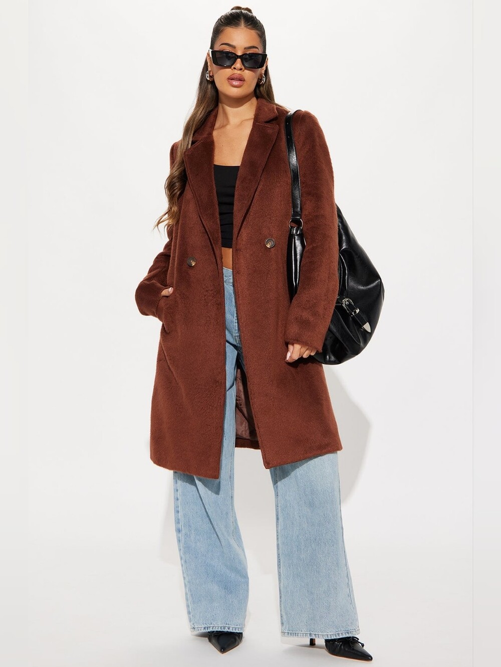 Fashion Nova It's A Long Story Faux Wool Coat Brown Sz M